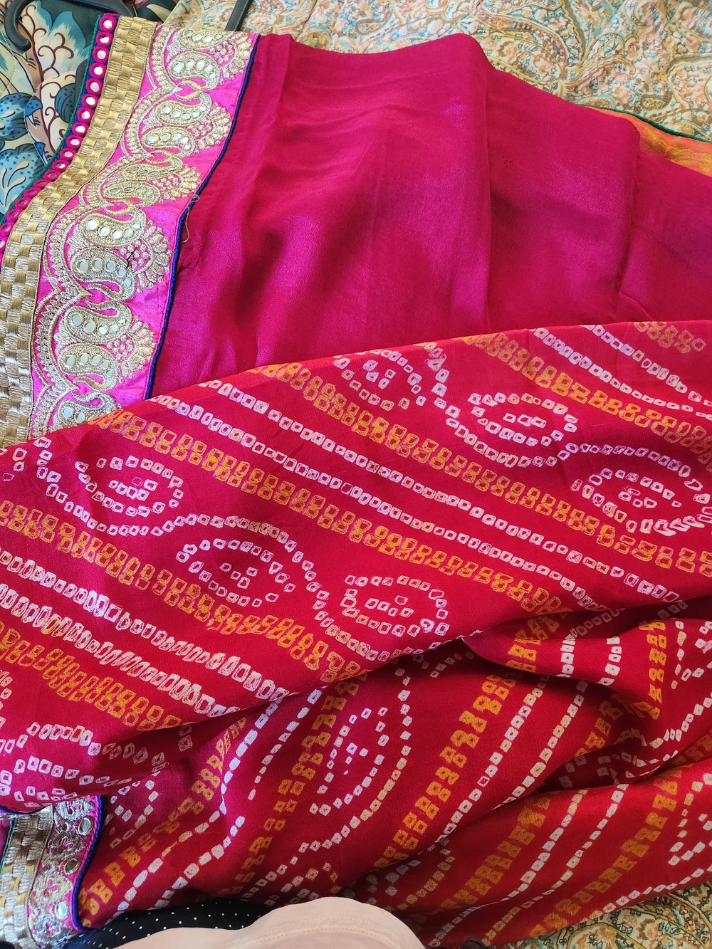 Vibrant Pink & Gold Bandhani Printed Sari with Embellished Border